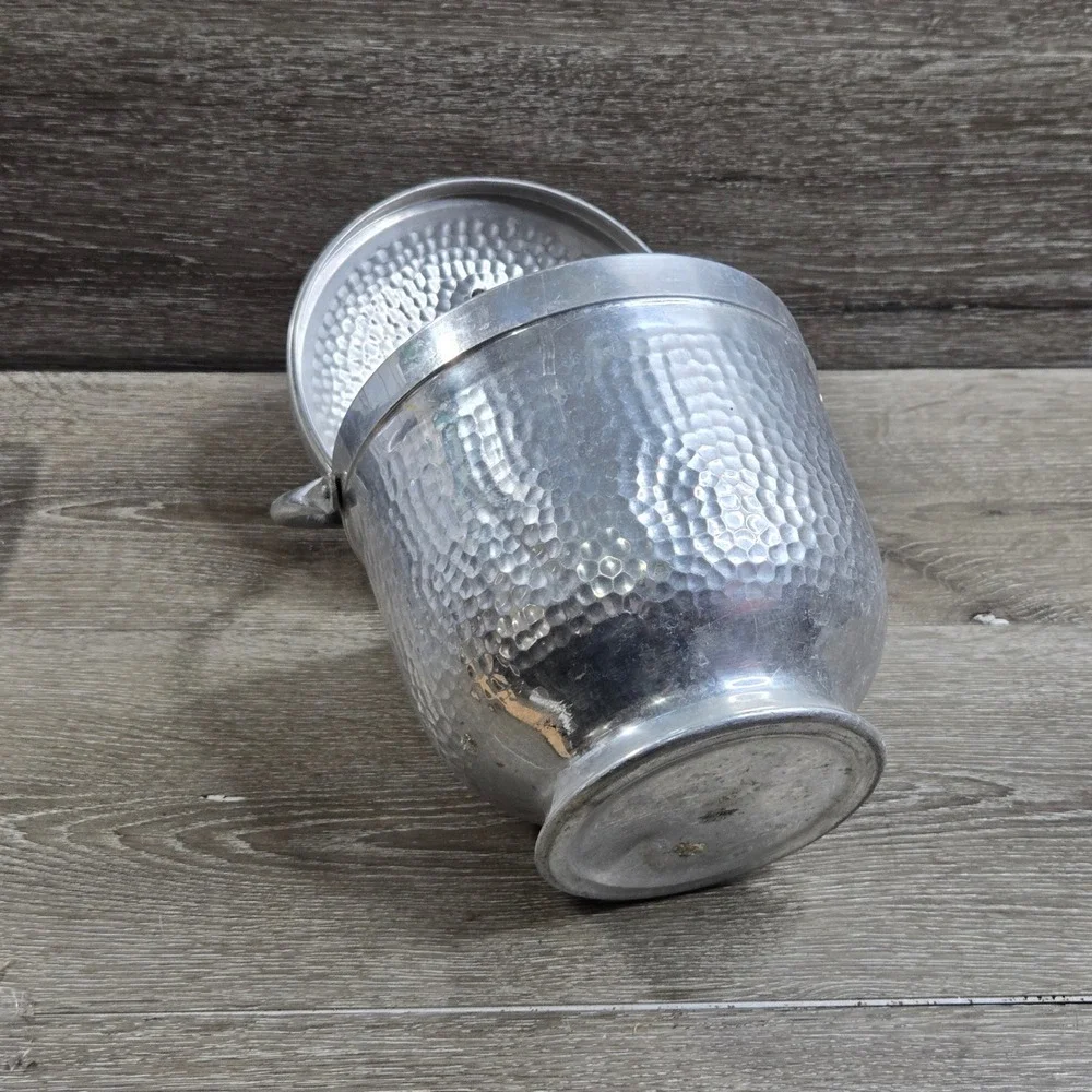 Vintage Mid Century Hammered Aluminum Lidded Ice Bucket with Handle Italy